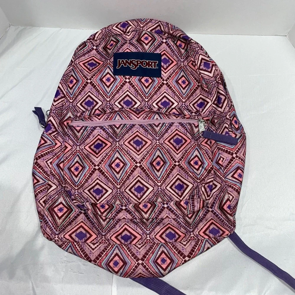 Jansport SuperBreak Backpack Pink Purple Geometric Diamond Ikat School Bag